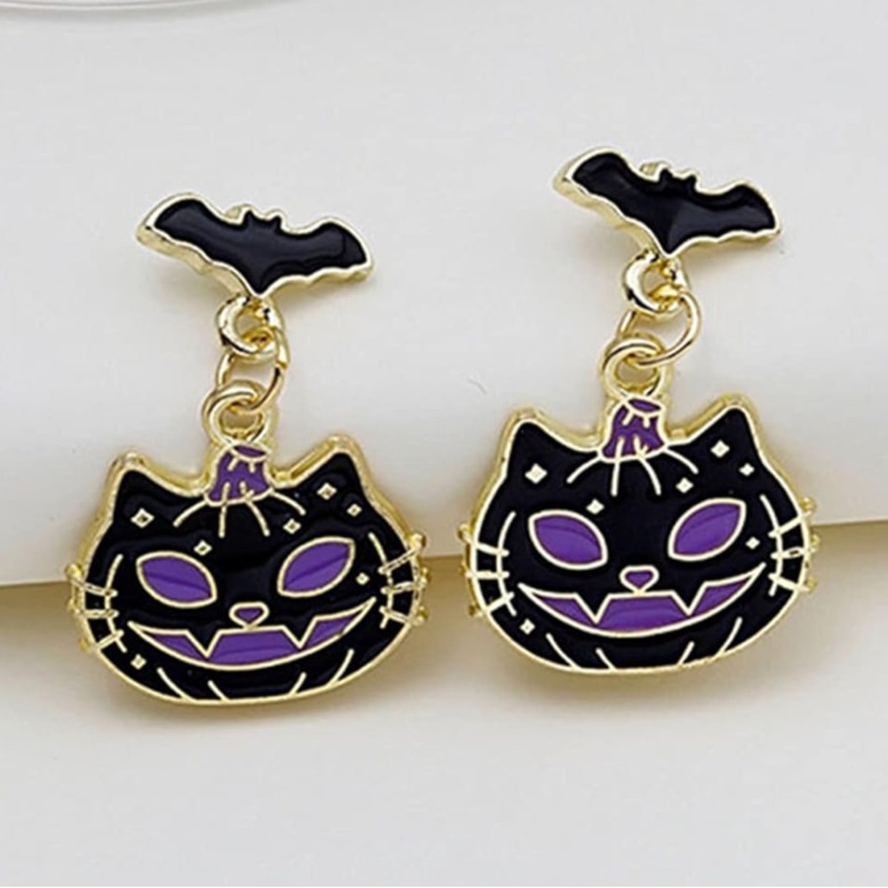 🐈‍⬛NEW Cat Pumpkin Spider Earrings Cute Halloween Spooky Goth Purple Black